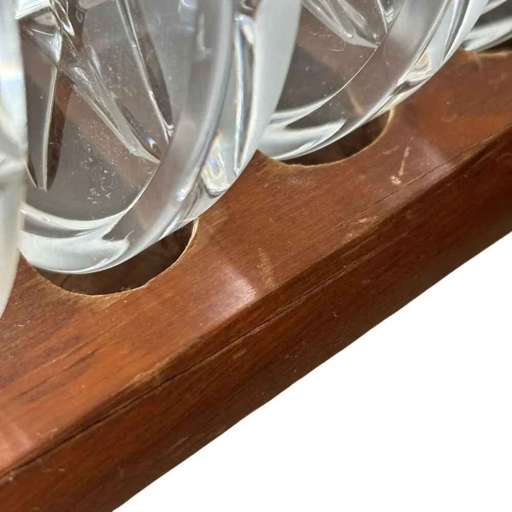 Set Of 6 Vintage Glass Drink Coasters In Wooden Holder